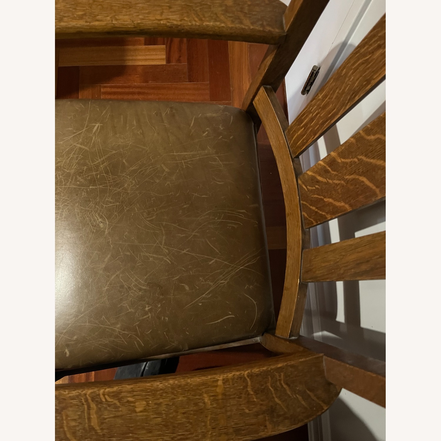 Mission Oak Style Wood Armchair Leather Seat  - image-5