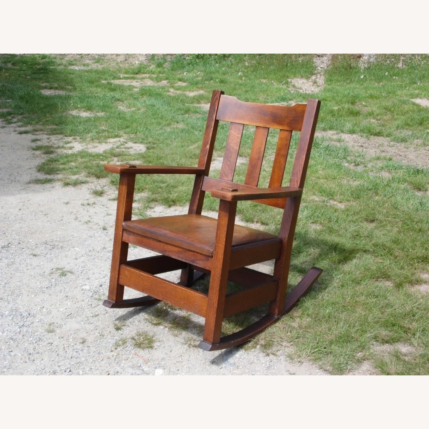 Mission Oak Style Wood Armchair Leather Seat  - image-6