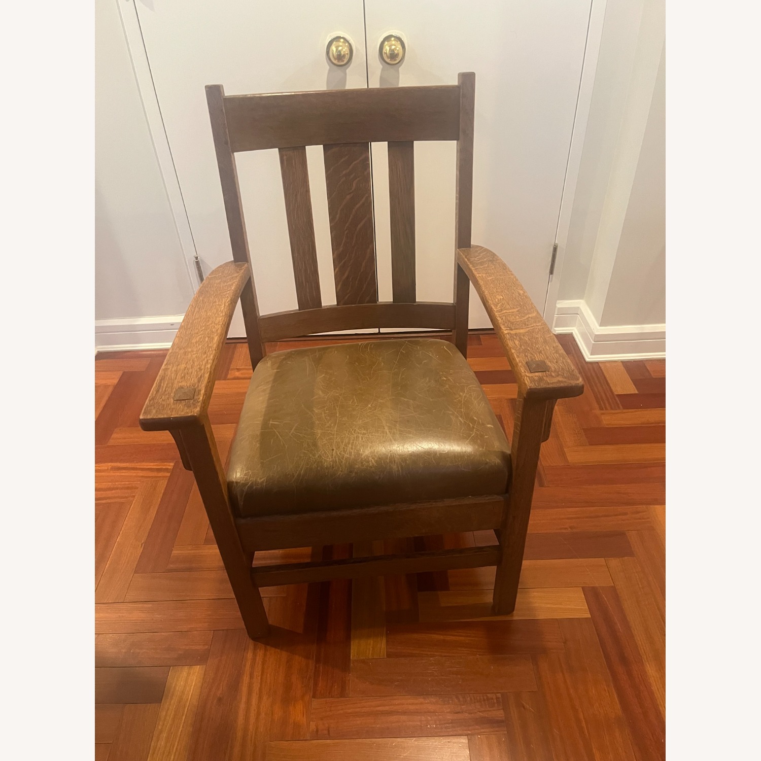 Mission Oak Style Wood Armchair Leather Seat  - image-1