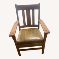 Mission Oak Style Wood Armchair Leather Seat 