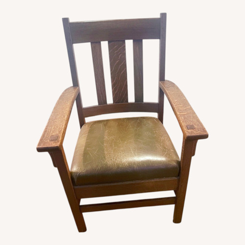 Used Mission Oak Style Wood Armchair Leather Seat  for sale on AptDeco