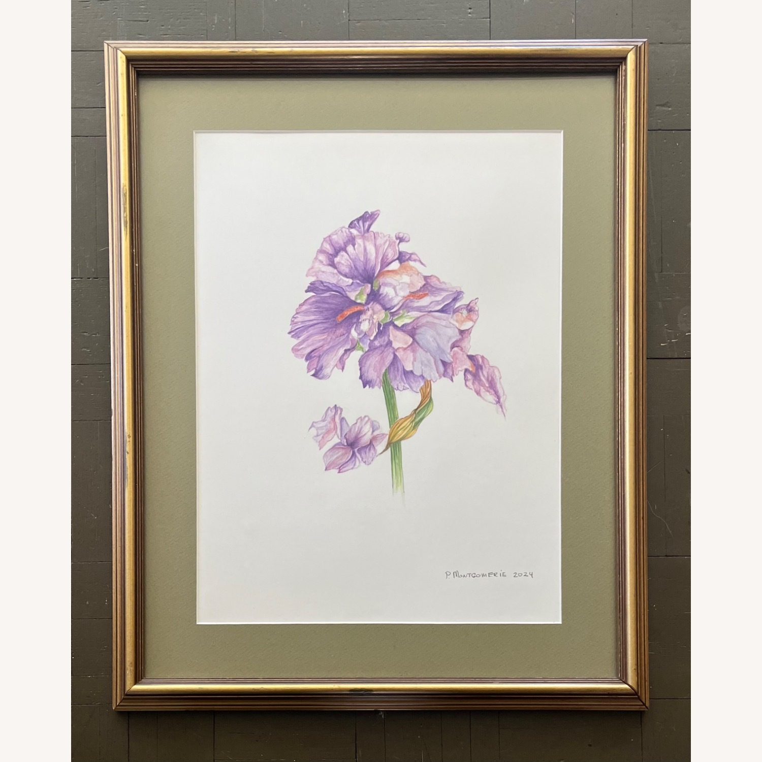 Botanic Watercolor Painting Purple Iris Signed - image-1