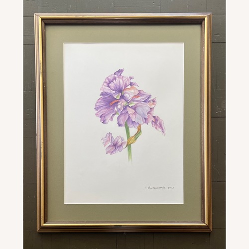 Used Botanic Watercolor Painting Purple Iris Signed for sale on AptDeco