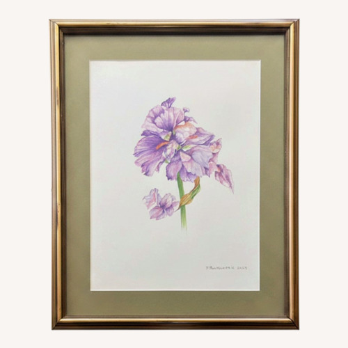 Used Botanic Watercolor Painting Purple Iris Signed for sale on AptDeco