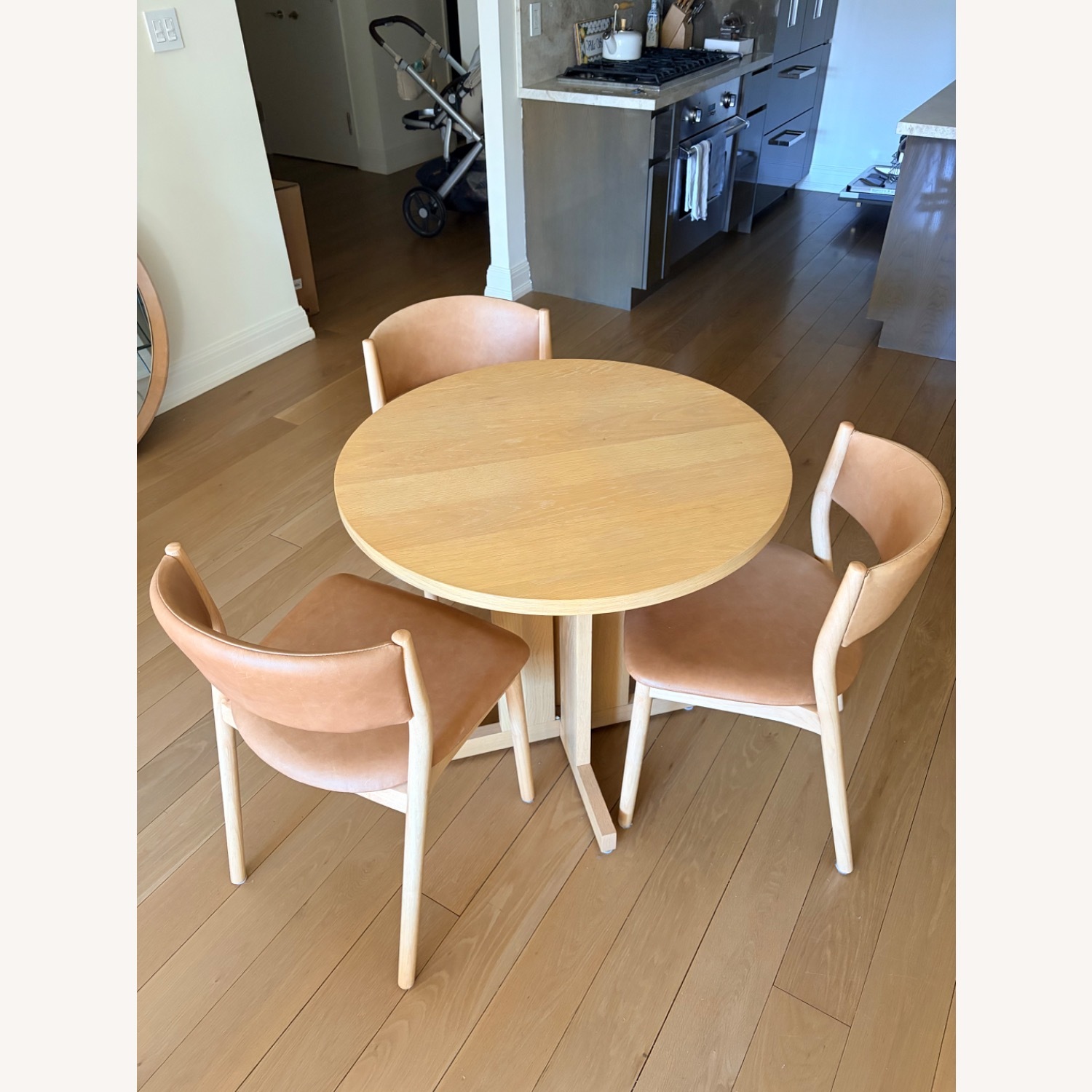 West Elm Wood Bistro Table & Leather Dining Chairs - image-2