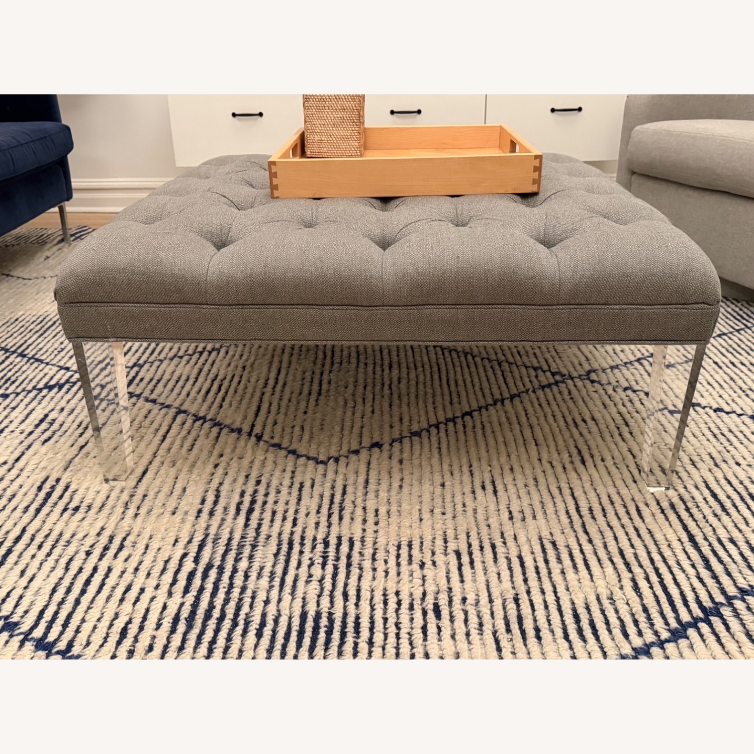 Gray Tufted Ottoman, Lucite Legs - image-1