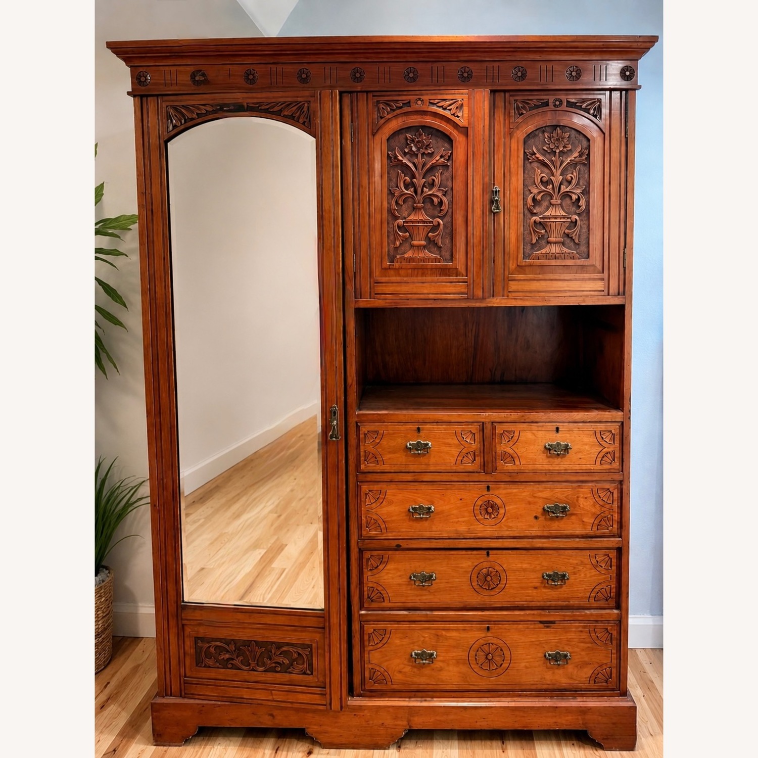 Hand Carved Antique Breakdown Armoire w Mirror - image-1