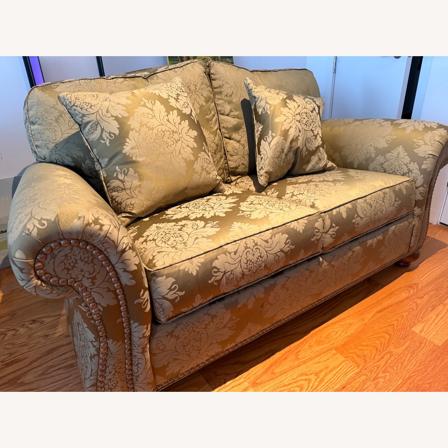 Ethan Allen Green Fabric 2 Seater Sofa - image-1