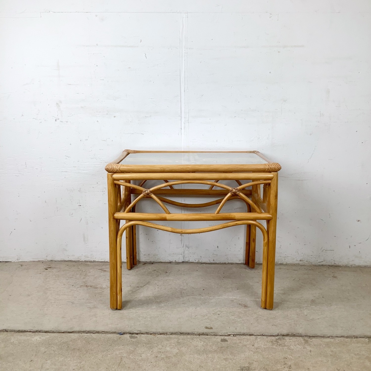 Vintage Rattan & Glass Side Table End Table - image-1