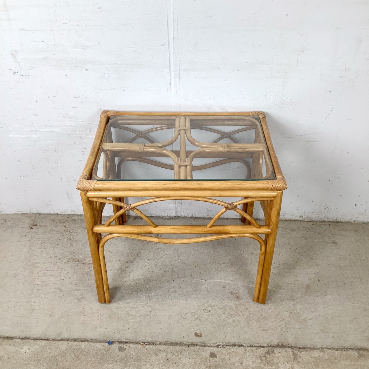 Vintage Rattan & Glass Side Table End Table - image-3