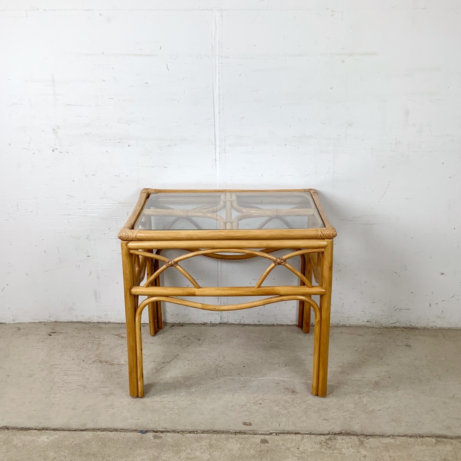 Vintage Rattan & Glass Side Table End Table - image-2
