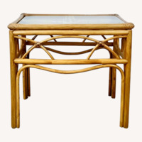 Vintage Rattan & Glass Side Table End Table