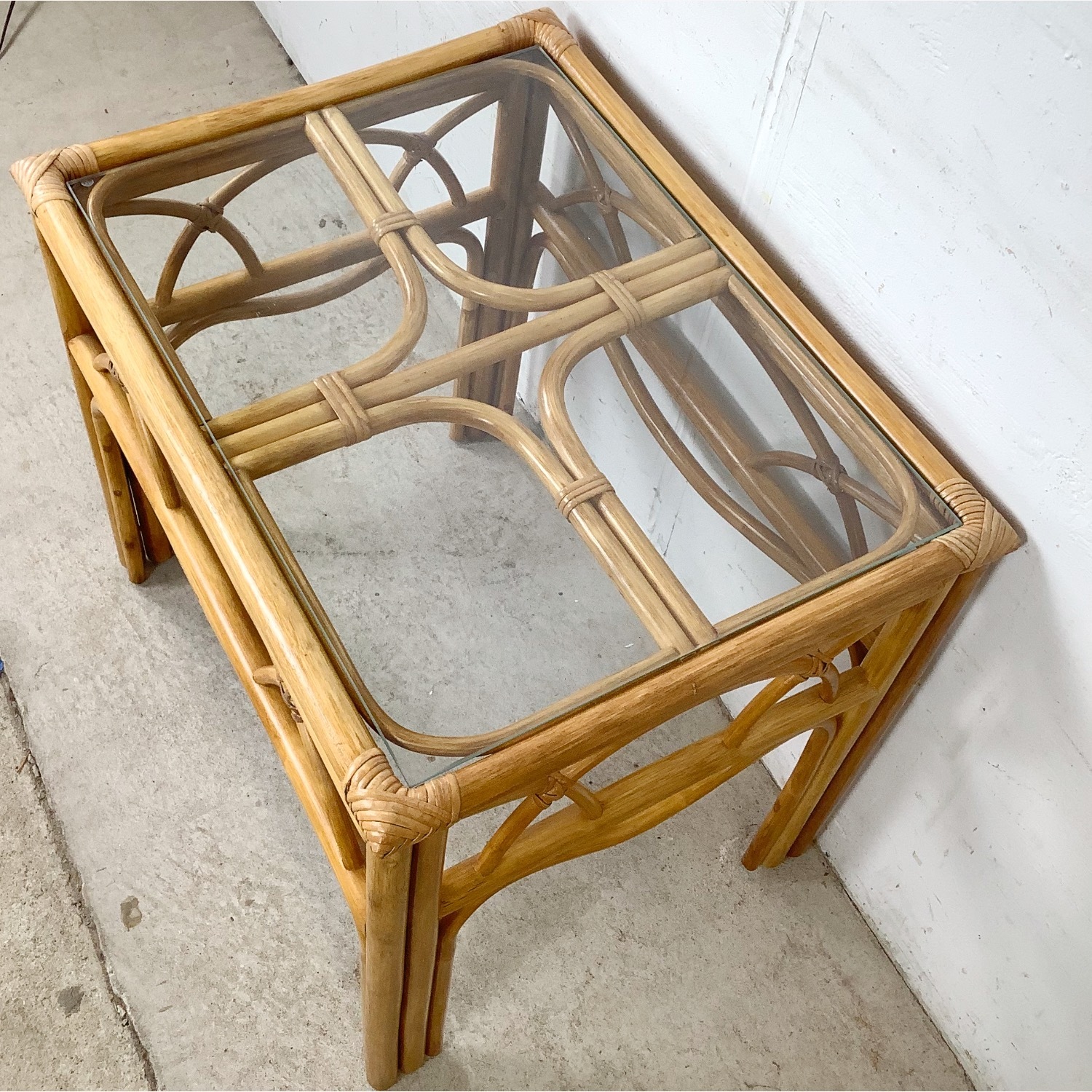 Vintage Rattan & Glass Side Table End Table - image-4