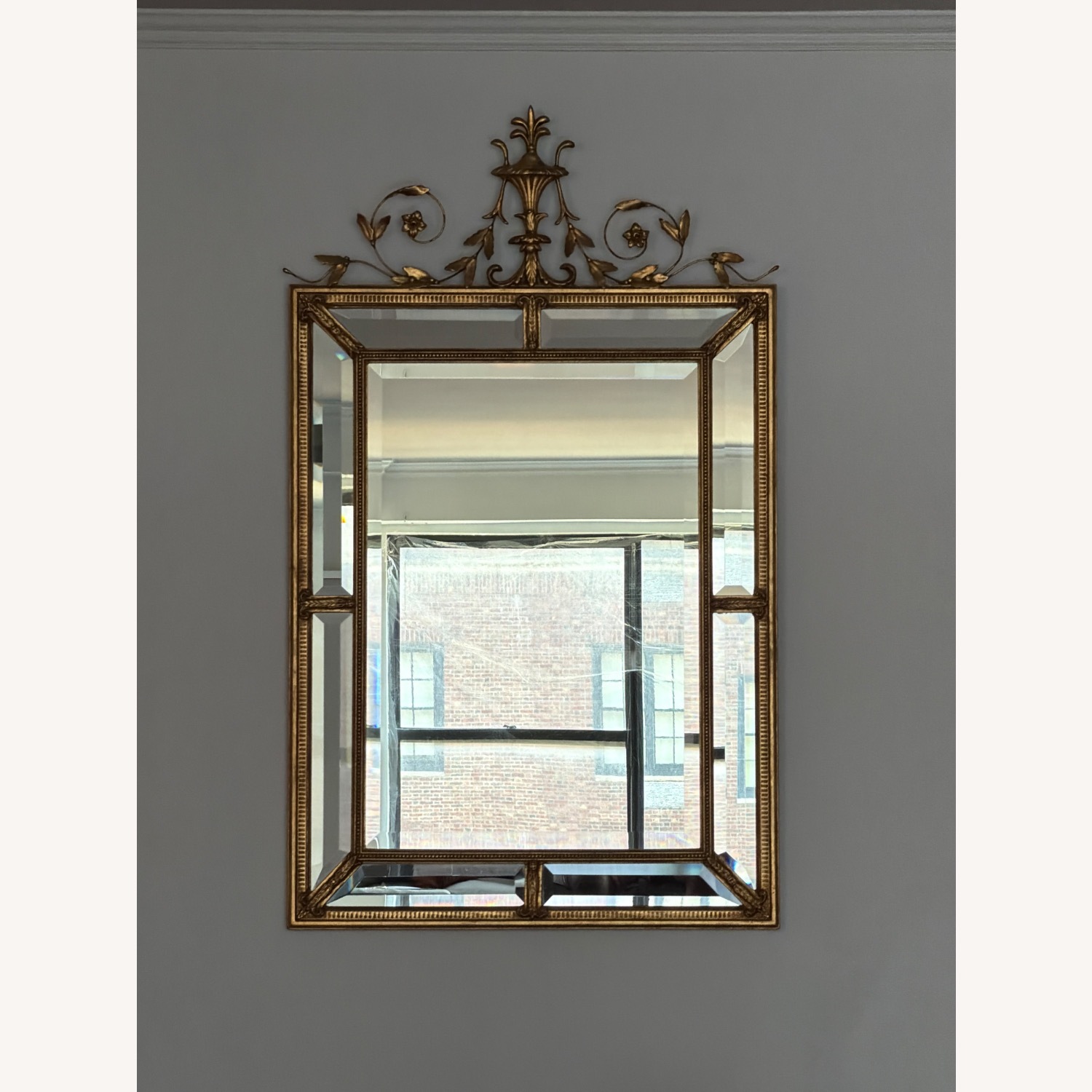 Gold Neoclassical Beveled Wall Mirror with Crest - image-1