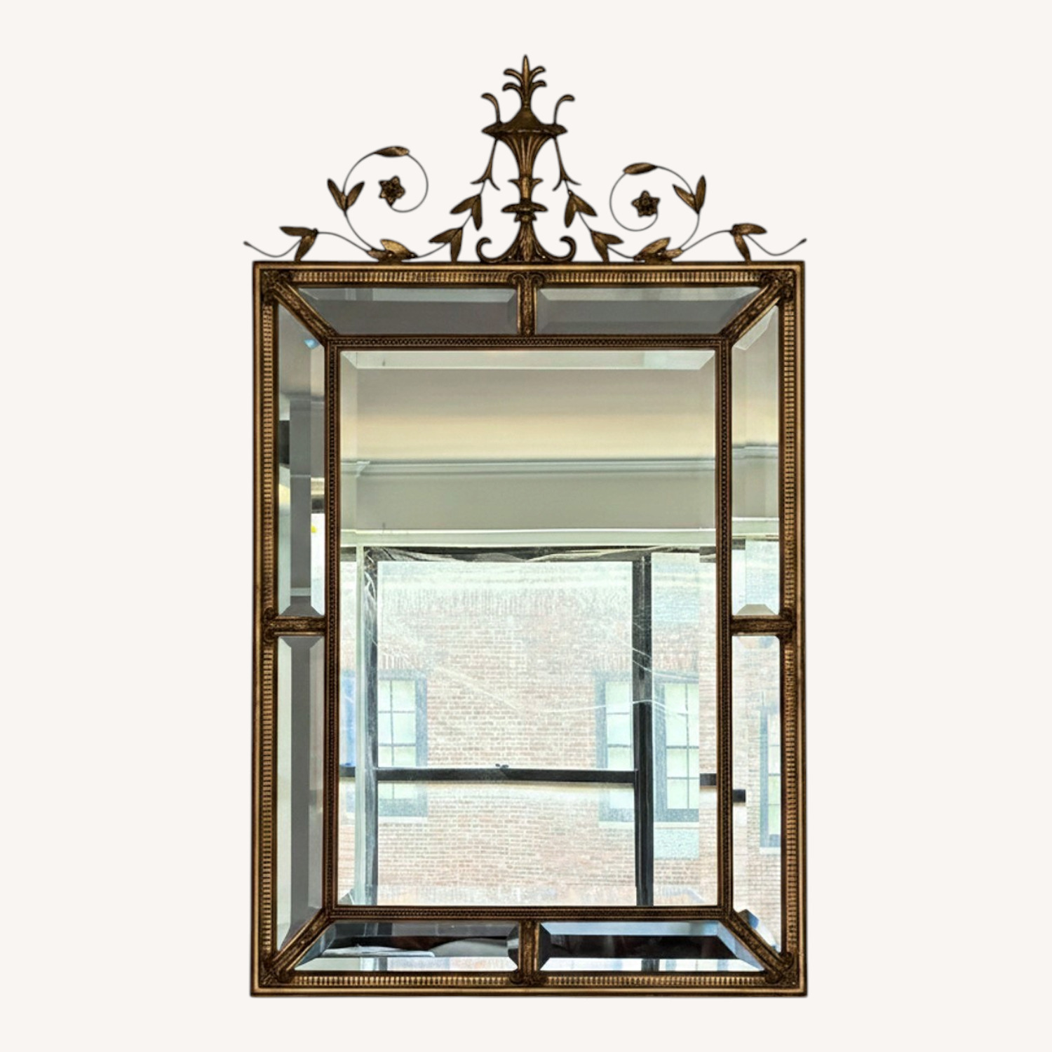 Gold Neoclassical Beveled Wall Mirror with Crest - image-0