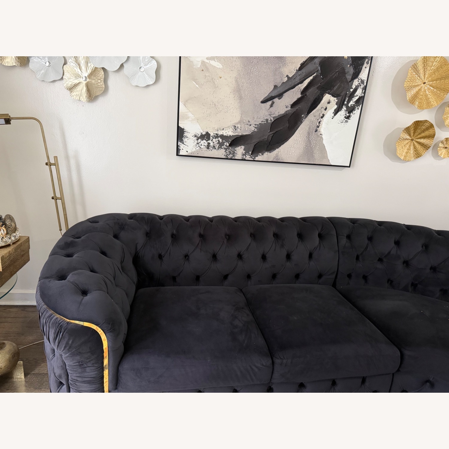 Black Velvet Tufted Sectional Couch - image-5