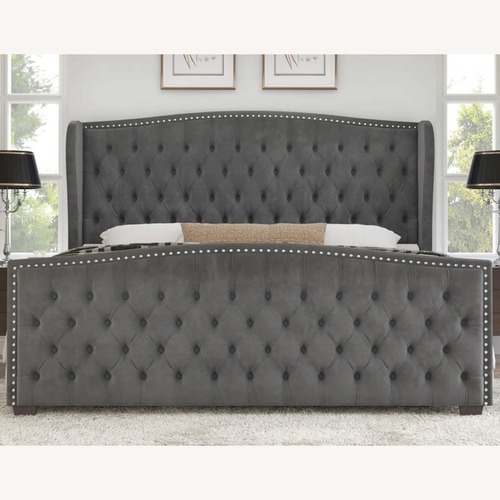 Used Wayfair King Bed DuJuan Deep Button Tufted Upholstered for sale on AptDeco