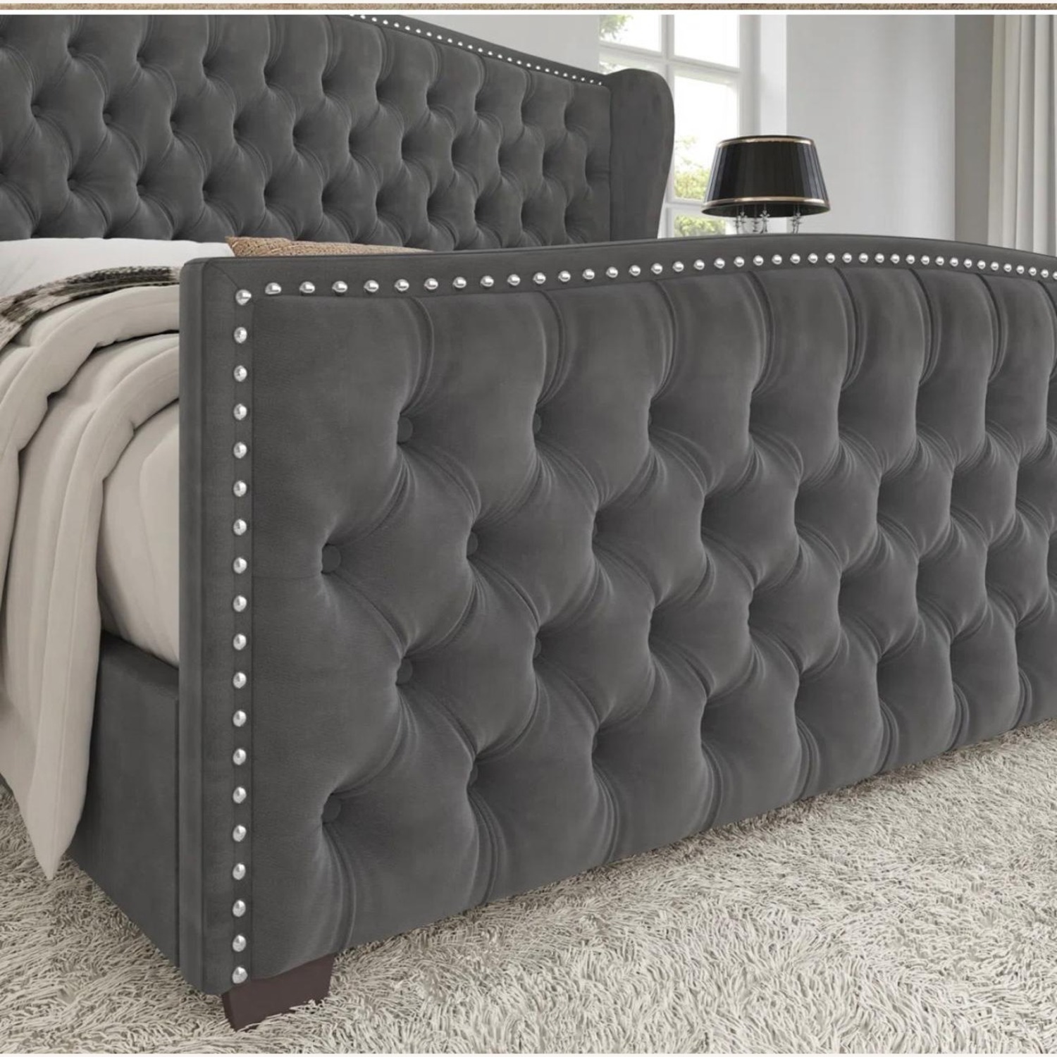 Wayfair King Bed DuJuan Deep Button Tufted Upholstered - image-4