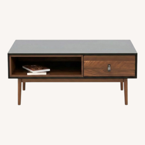 Used Overstock Mid-Century Black/Walnut Coffee Table with Storage for sale on AptDeco