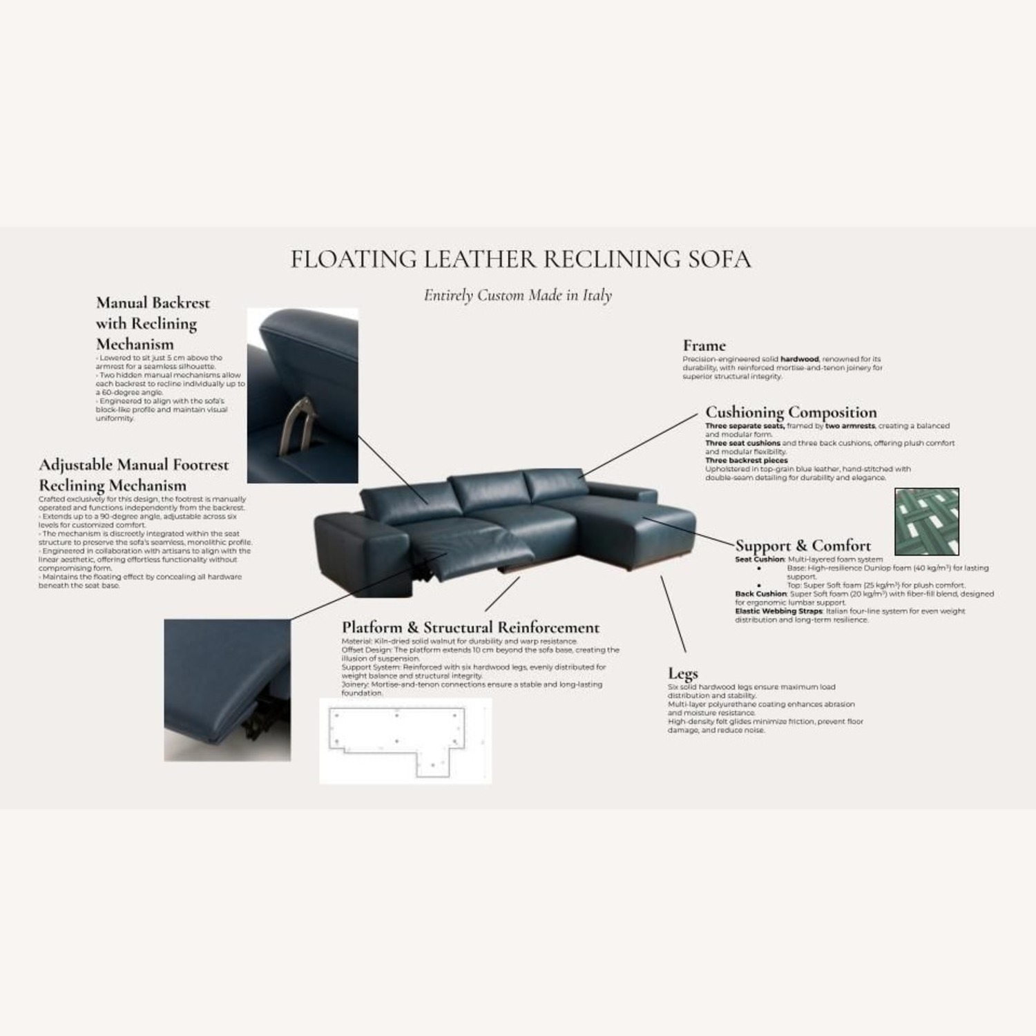 Floating Blue Leather Sofa With Manual Recliner - image-6