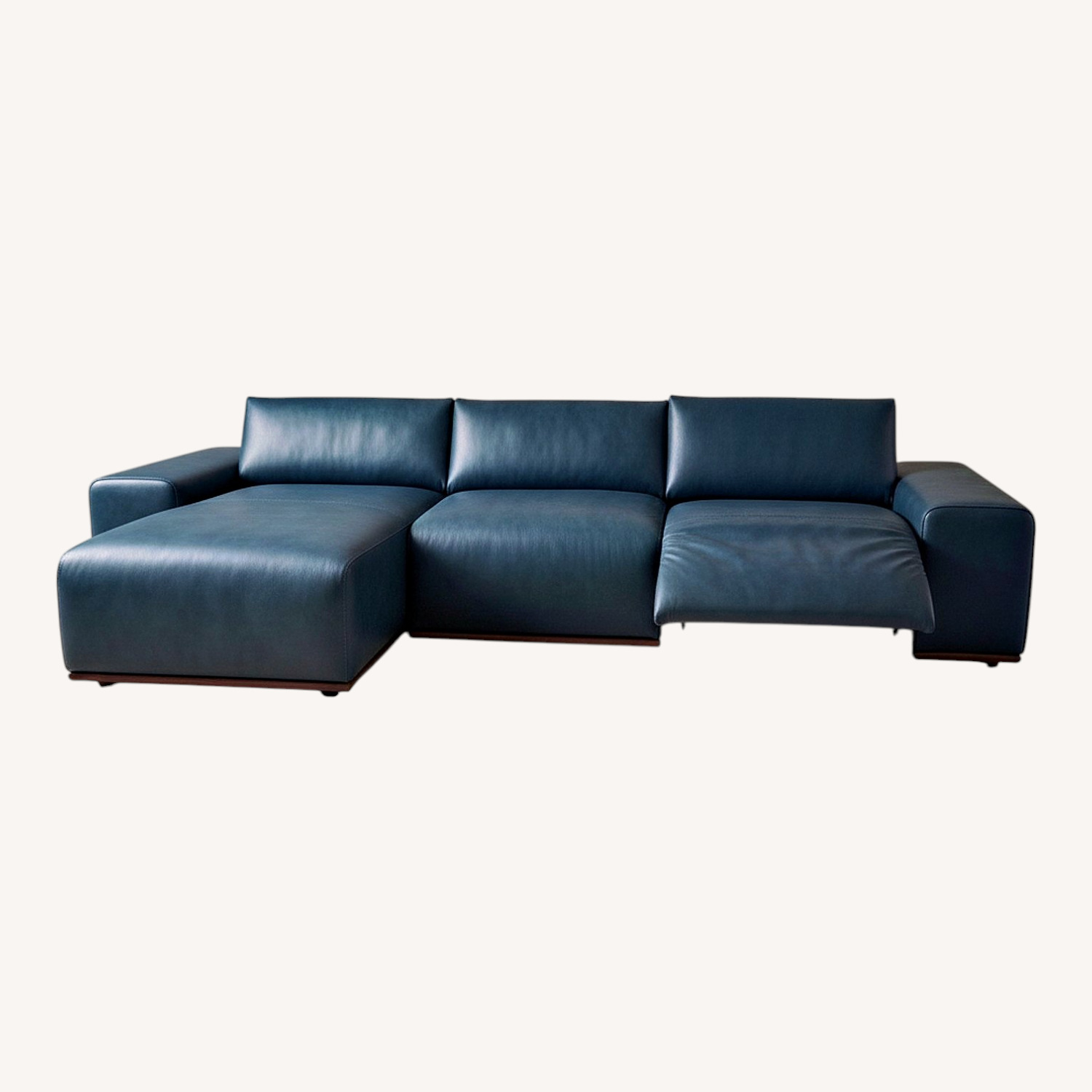 Floating Blue Leather Sofa With Manual Recliner - image-0
