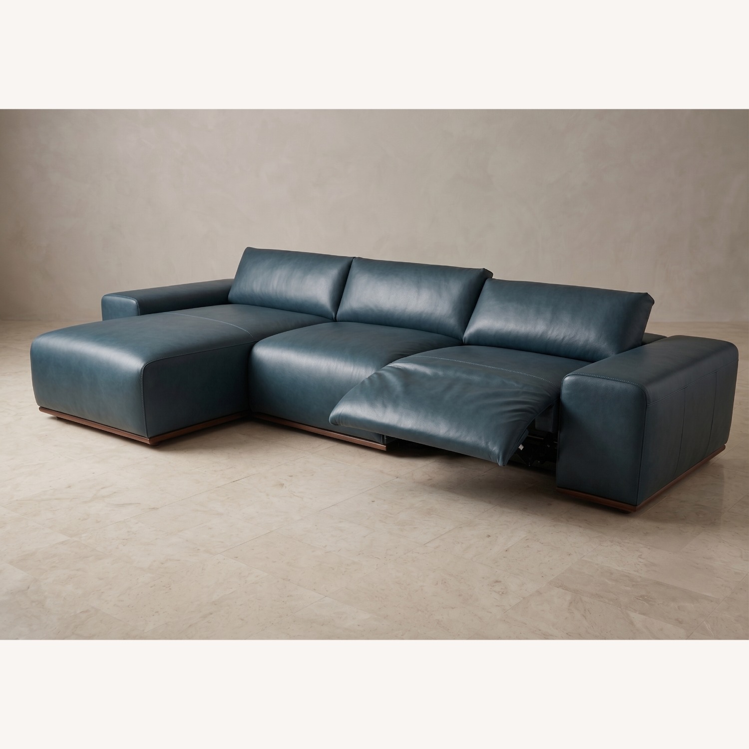 Floating Blue Leather Sofa With Manual Recliner - image-2