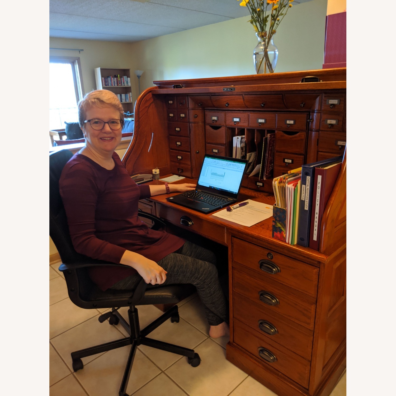 Dark Brown Wood Rolltop Desk - image-5