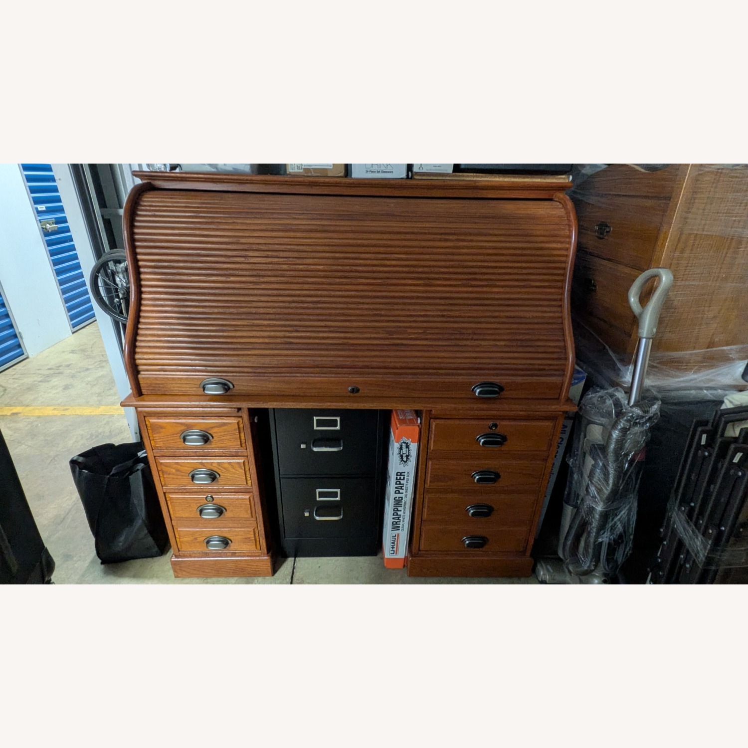 Dark Brown Wood Rolltop Desk - image-2