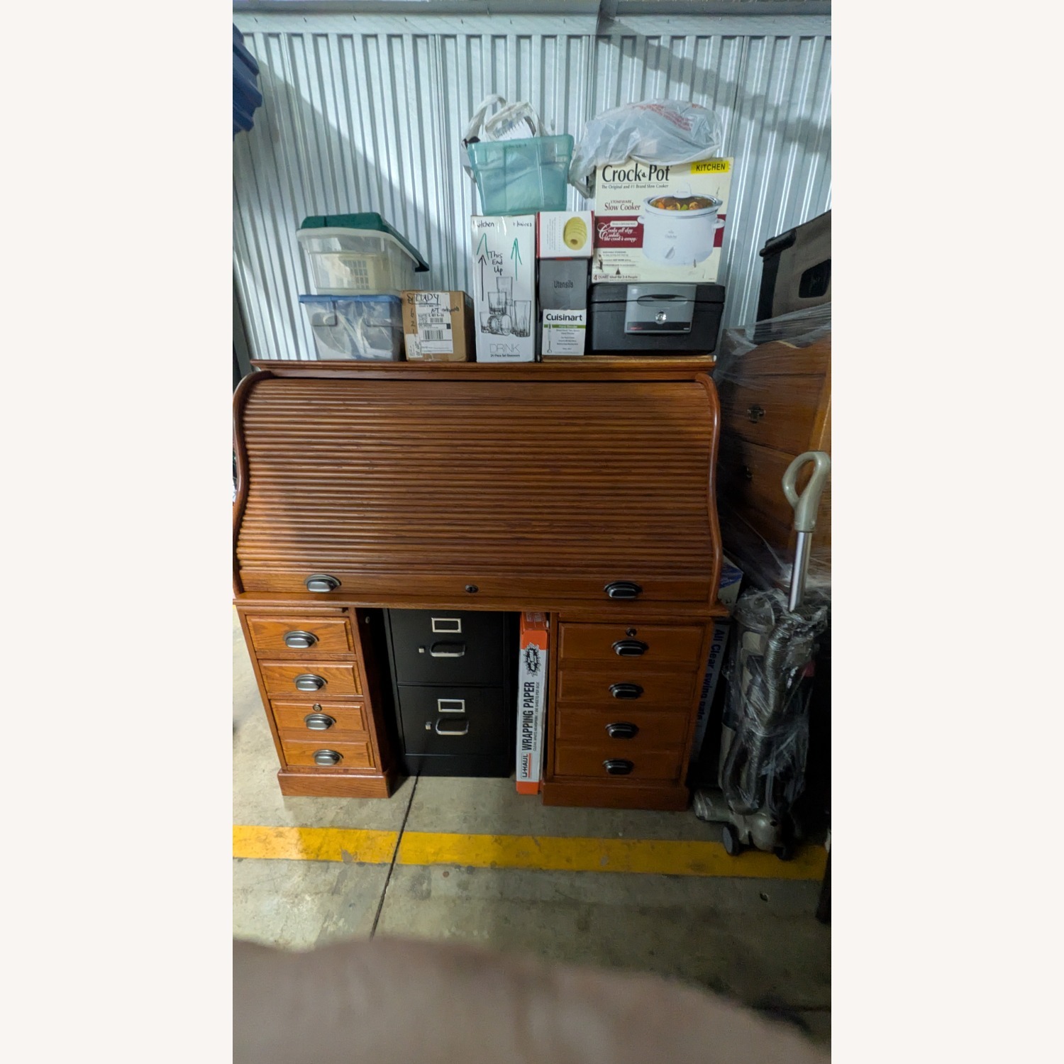 Dark Brown Wood Rolltop Desk - image-1