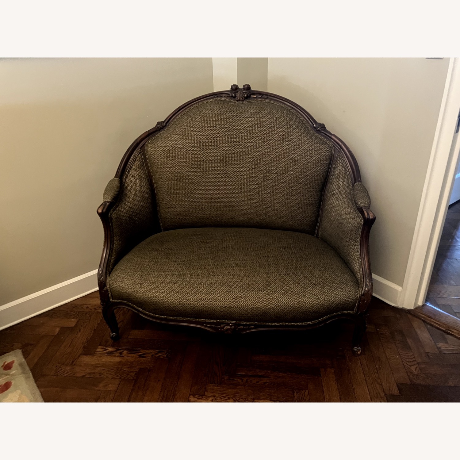 Antique French Settee Green Fabric Loveseat - image-1