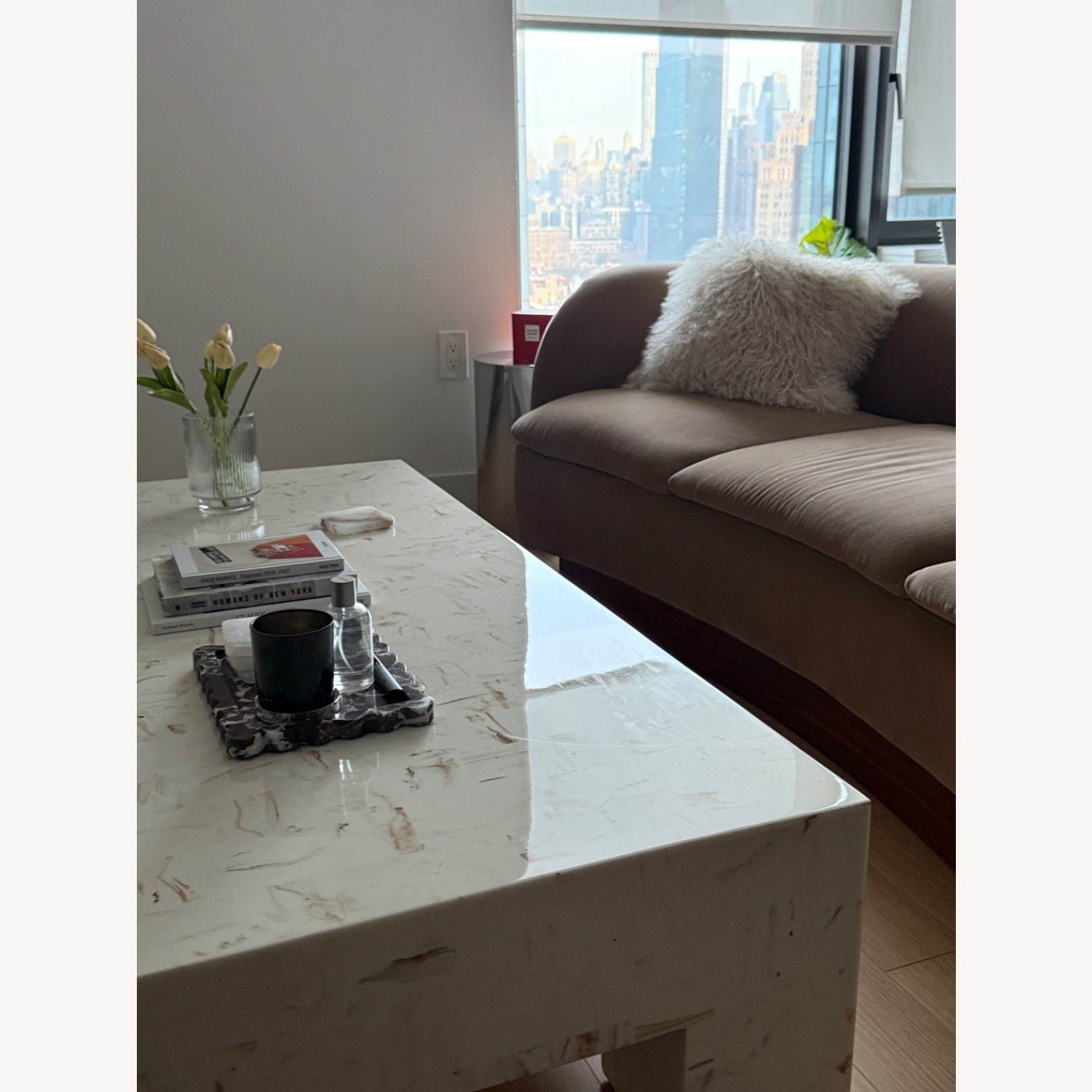 CB2 Caramel Curved Sofa - image-3