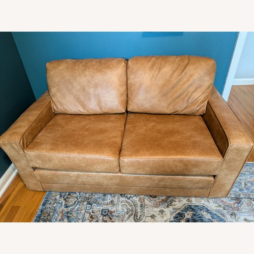 Used Pottery Barn Teen Grove Sleeper Sofa - Faux Leather Caramel for sale on AptDeco