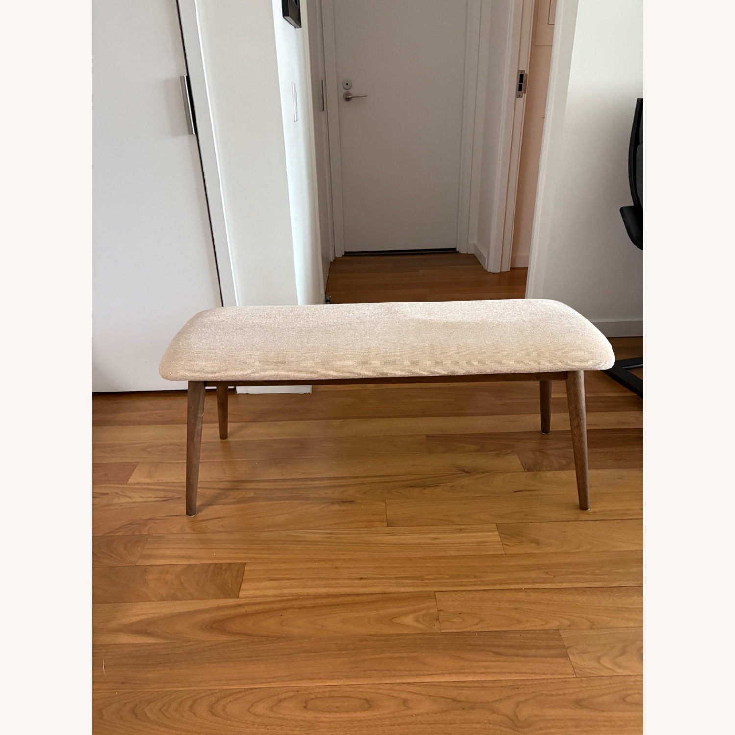 Mid Century Modern Lt Brown Bench & Cream Fabric  - image-1