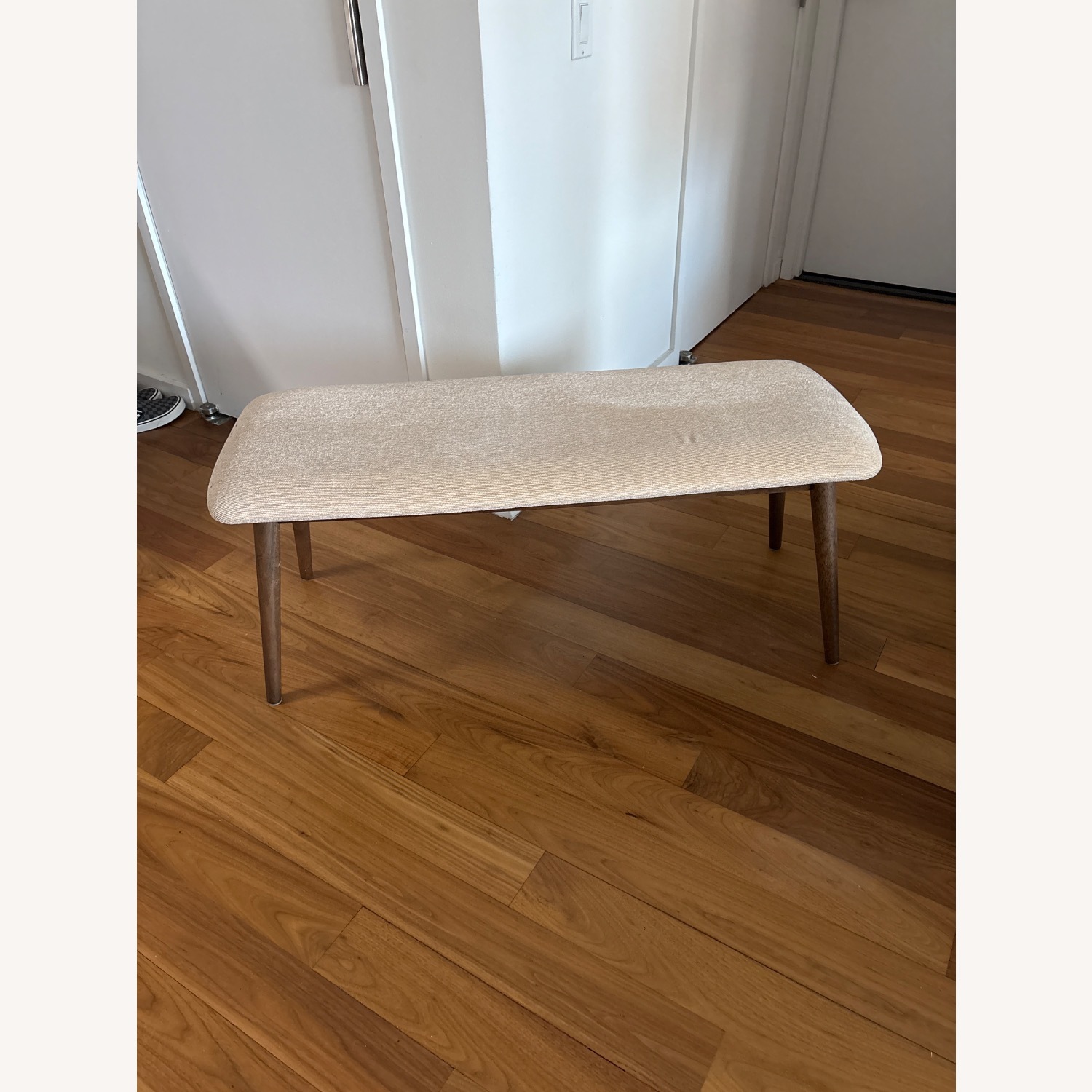 Mid Century Modern Lt Brown Bench & Cream Fabric  - image-3
