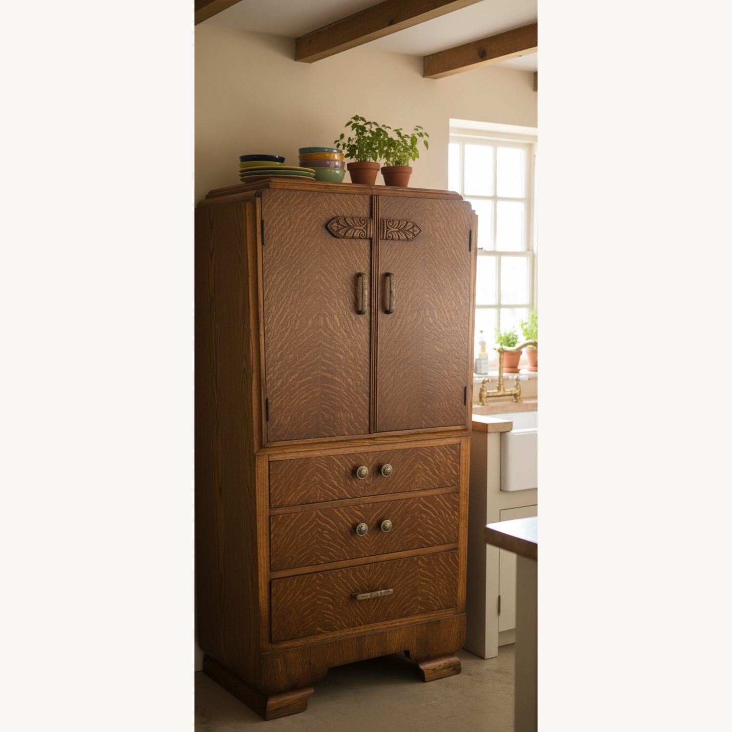 Tiger Wood Tallboy Dresser Cabinet 30-40's - image-4
