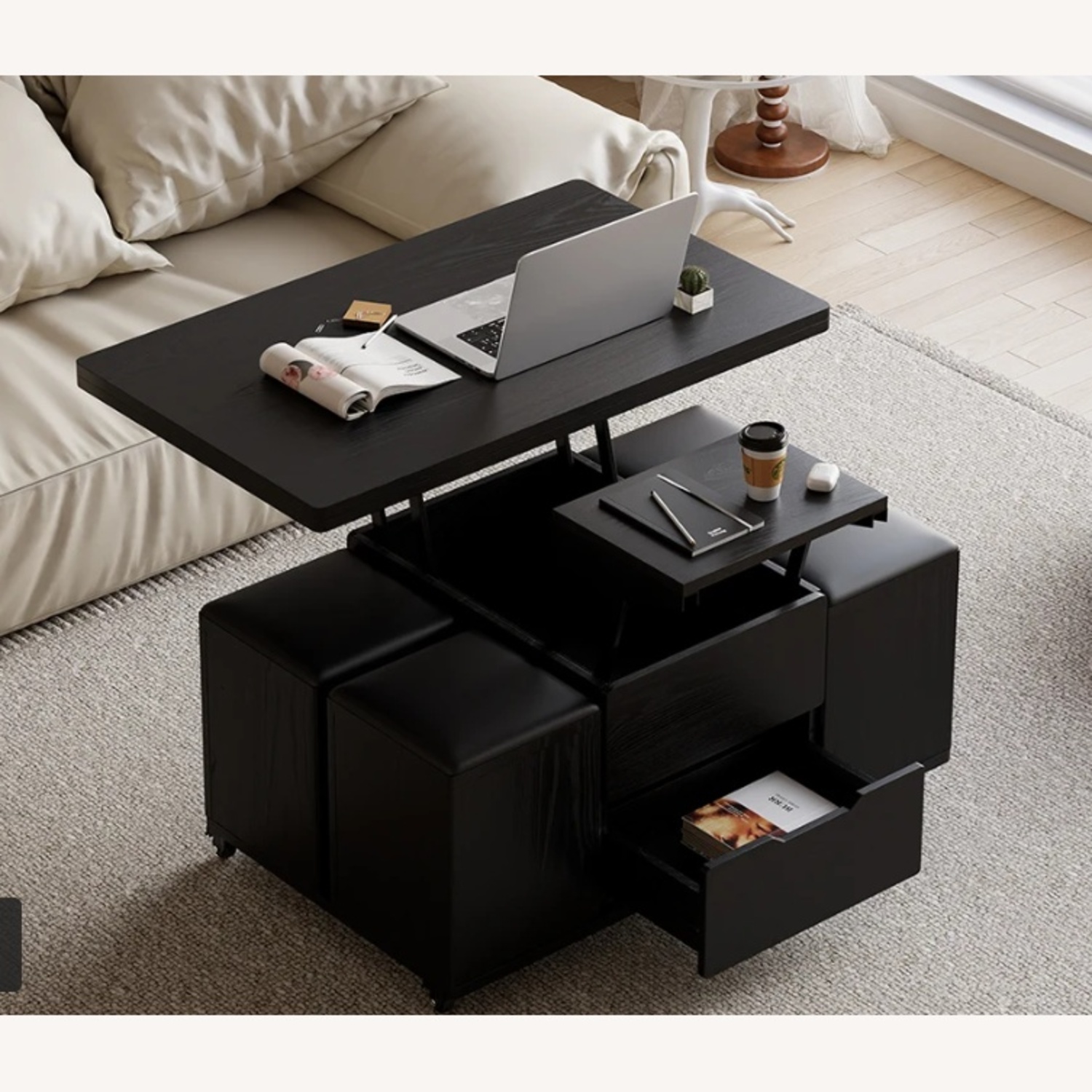 Foldable Coffee Table with 4 Stools & Storage - image-4