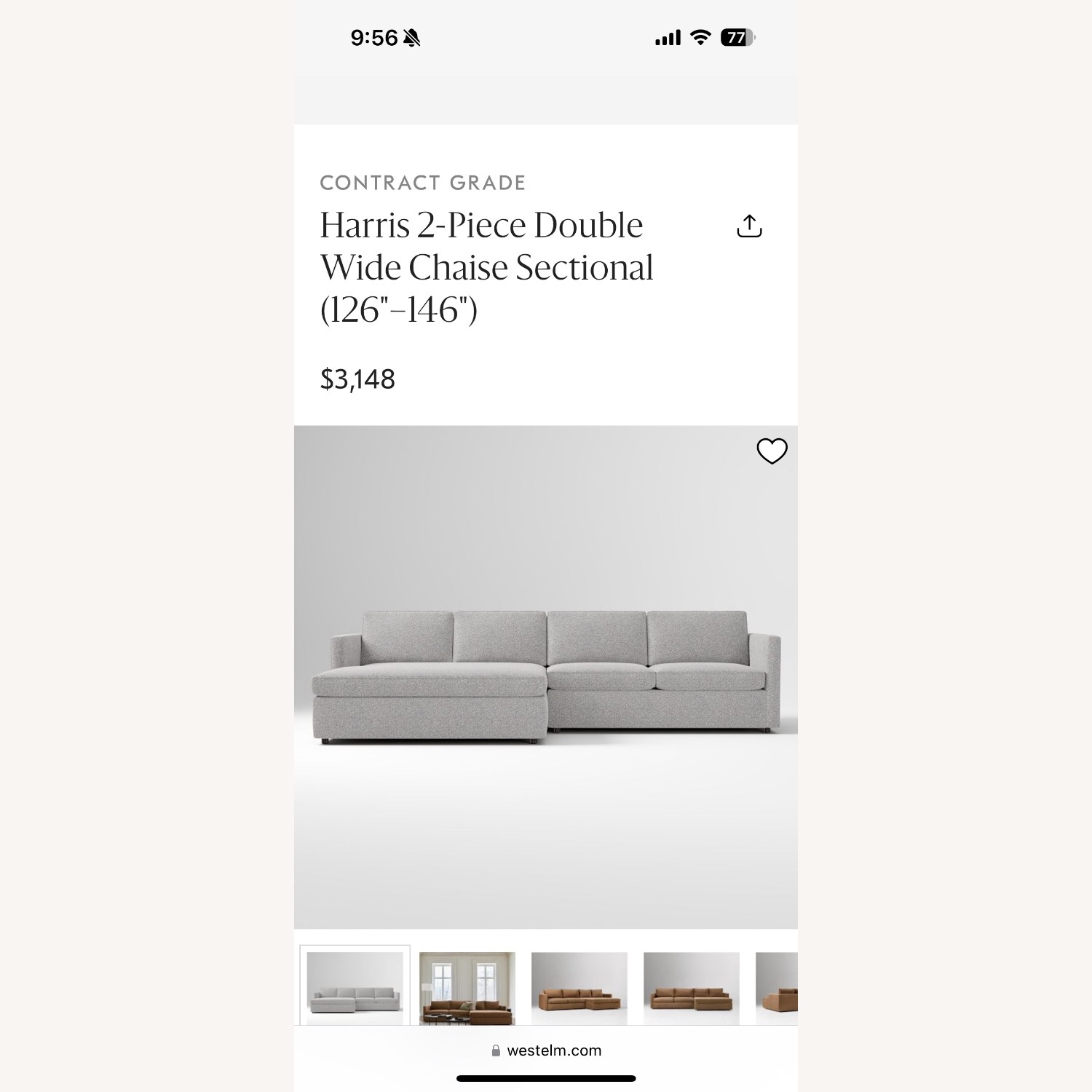 West Elm Harris Light Gray Fabric 2 Piece Sectional - image-1