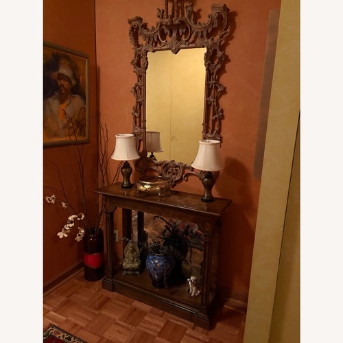 Used Vintage Burlwood Console Table with Mirrored Back for sale on AptDeco
