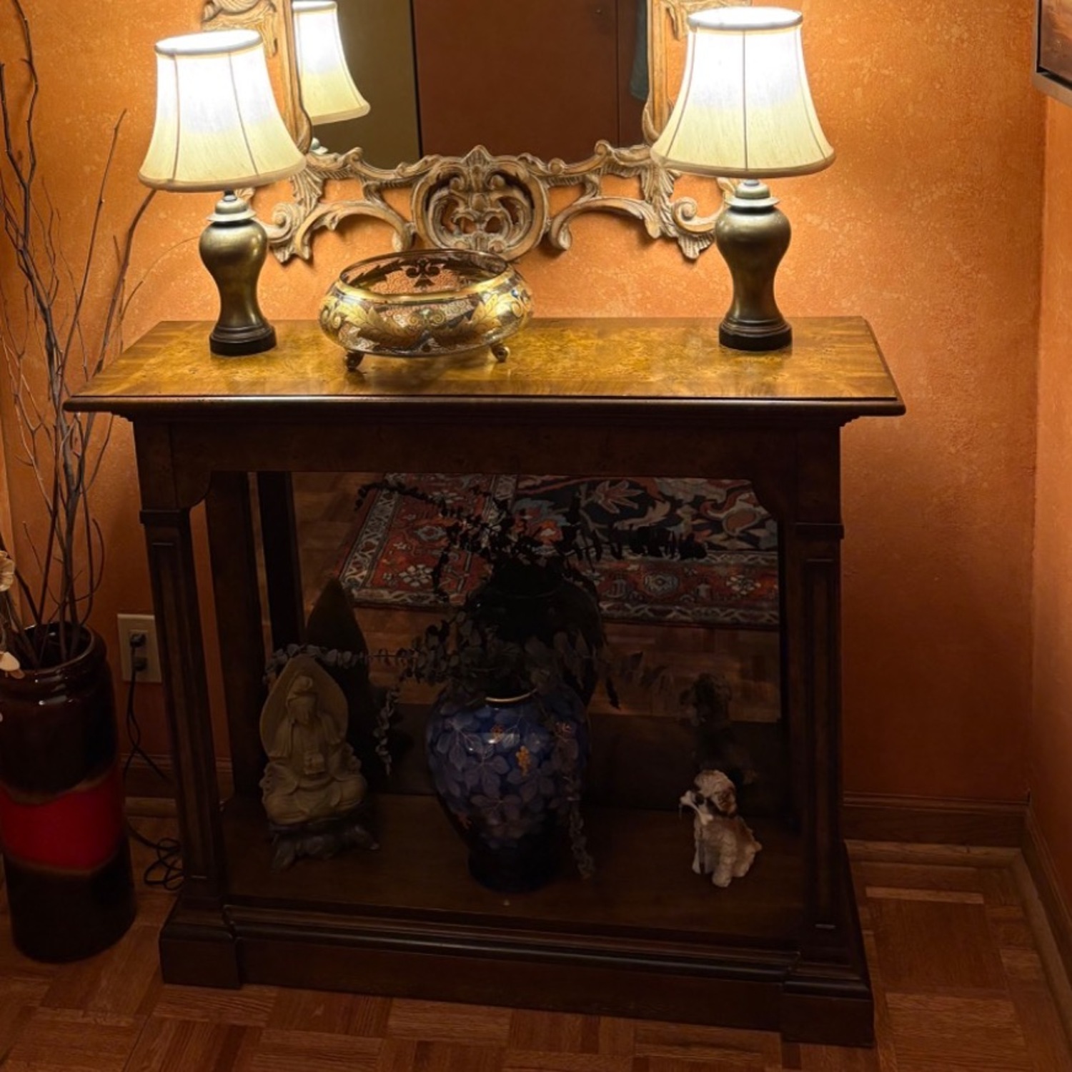 Vintage Burlwood Console Table with Mirrored Back - image-4