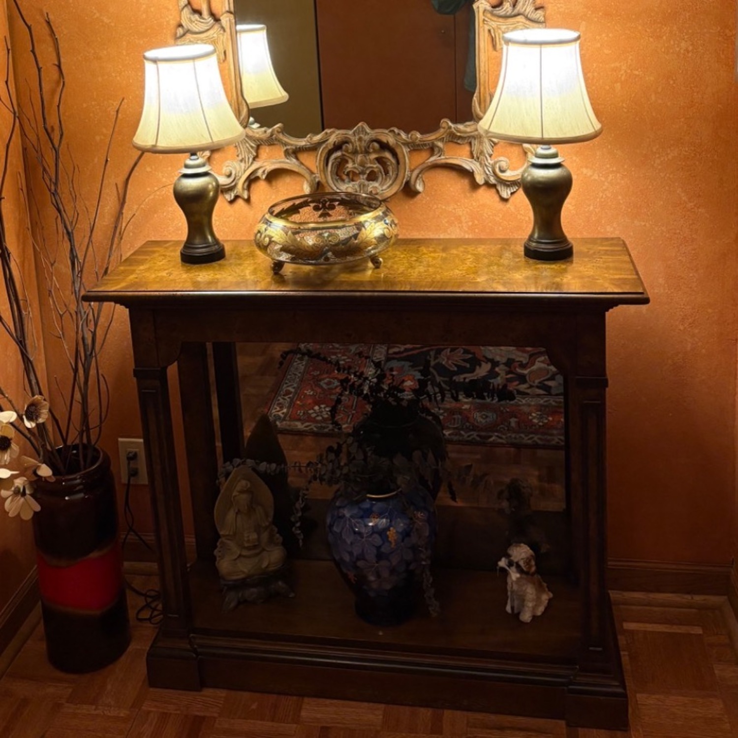 Vintage Burlwood Console Table with Mirrored Back - image-6