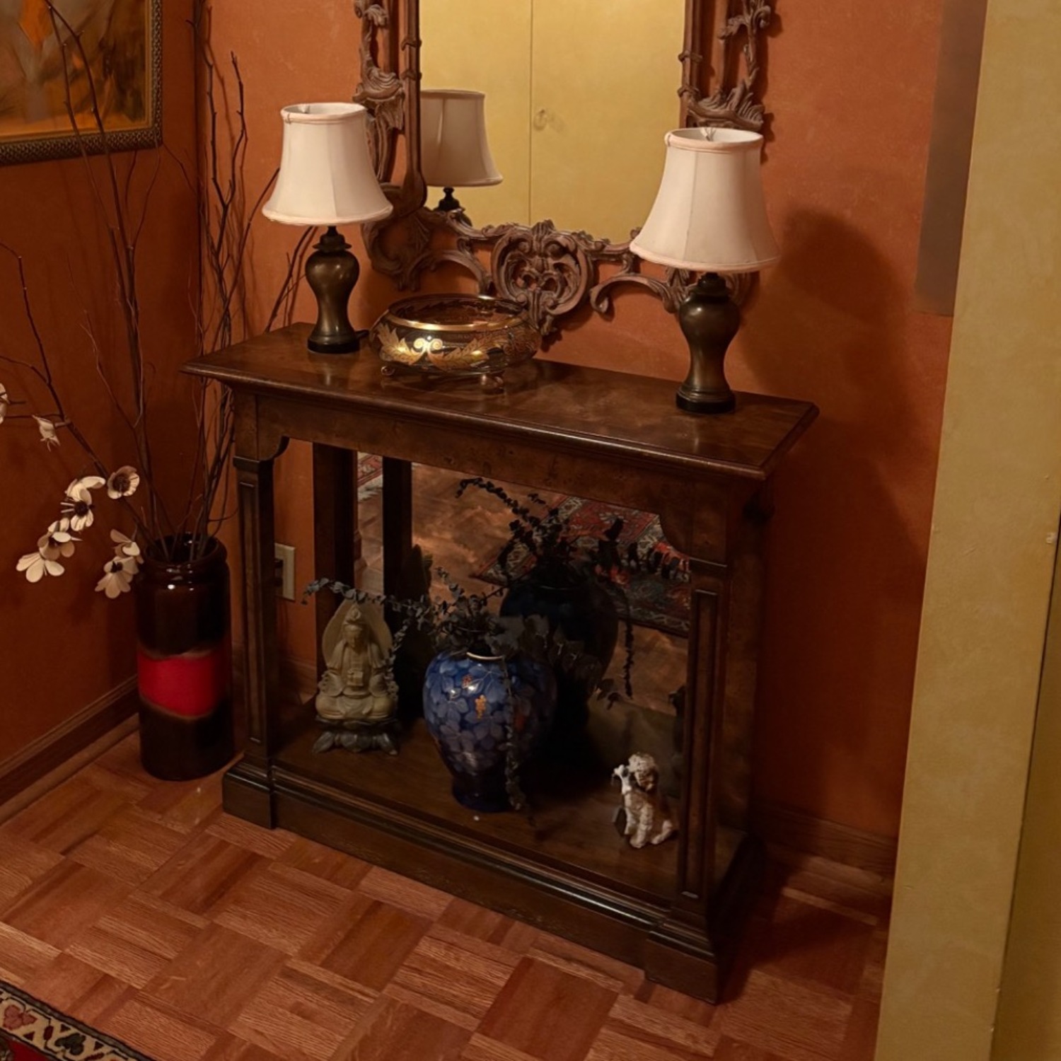 Vintage Burlwood Console Table with Mirrored Back - image-3