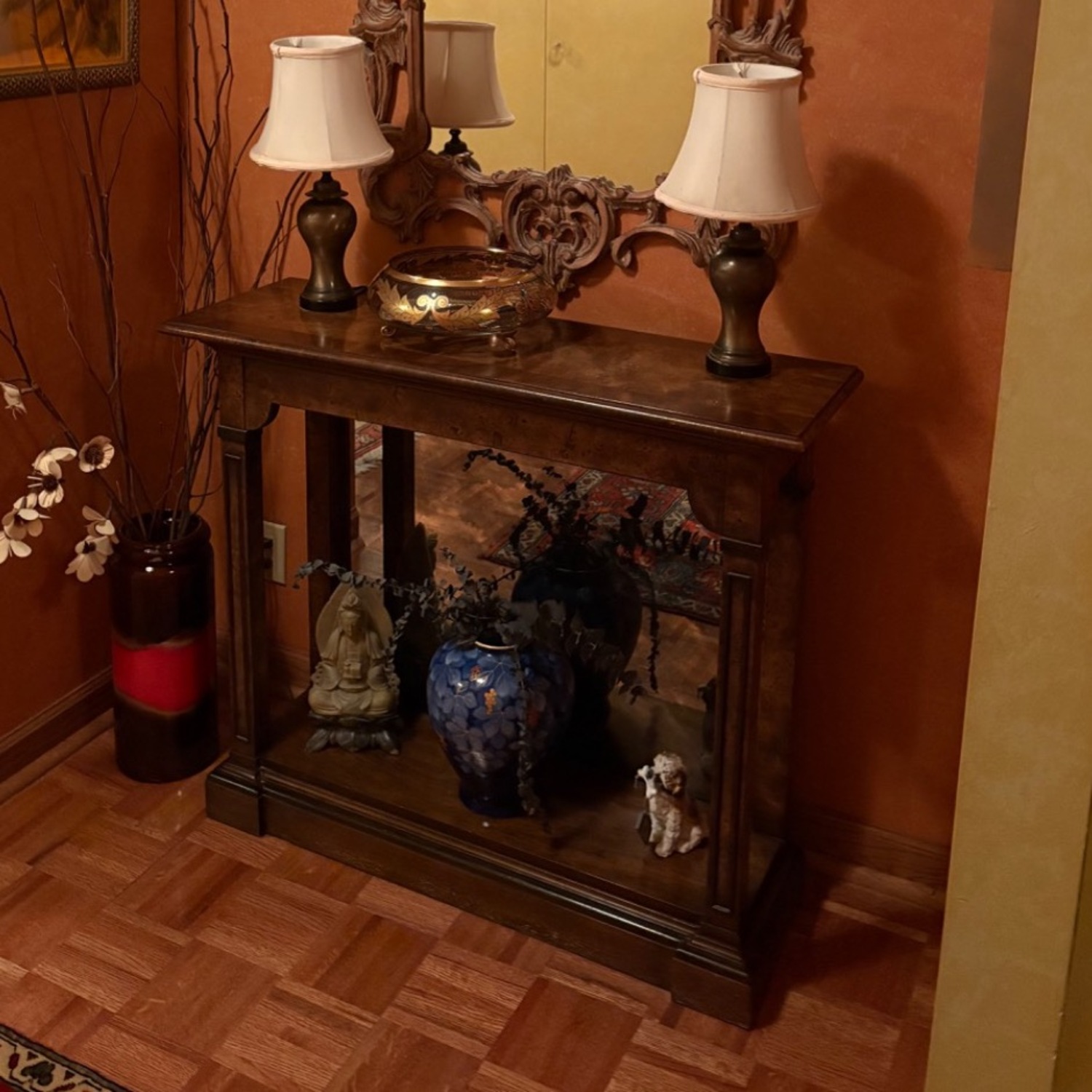 Vintage Burlwood Console Table with Mirrored Back - image-5
