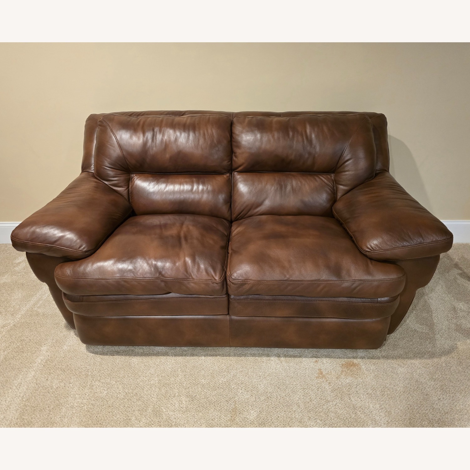 Jordan's Furniture Light Brown Leather Loveseat - image-1