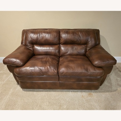 Used Jordan's Furniture Light Brown Leather Loveseat for sale on AptDeco