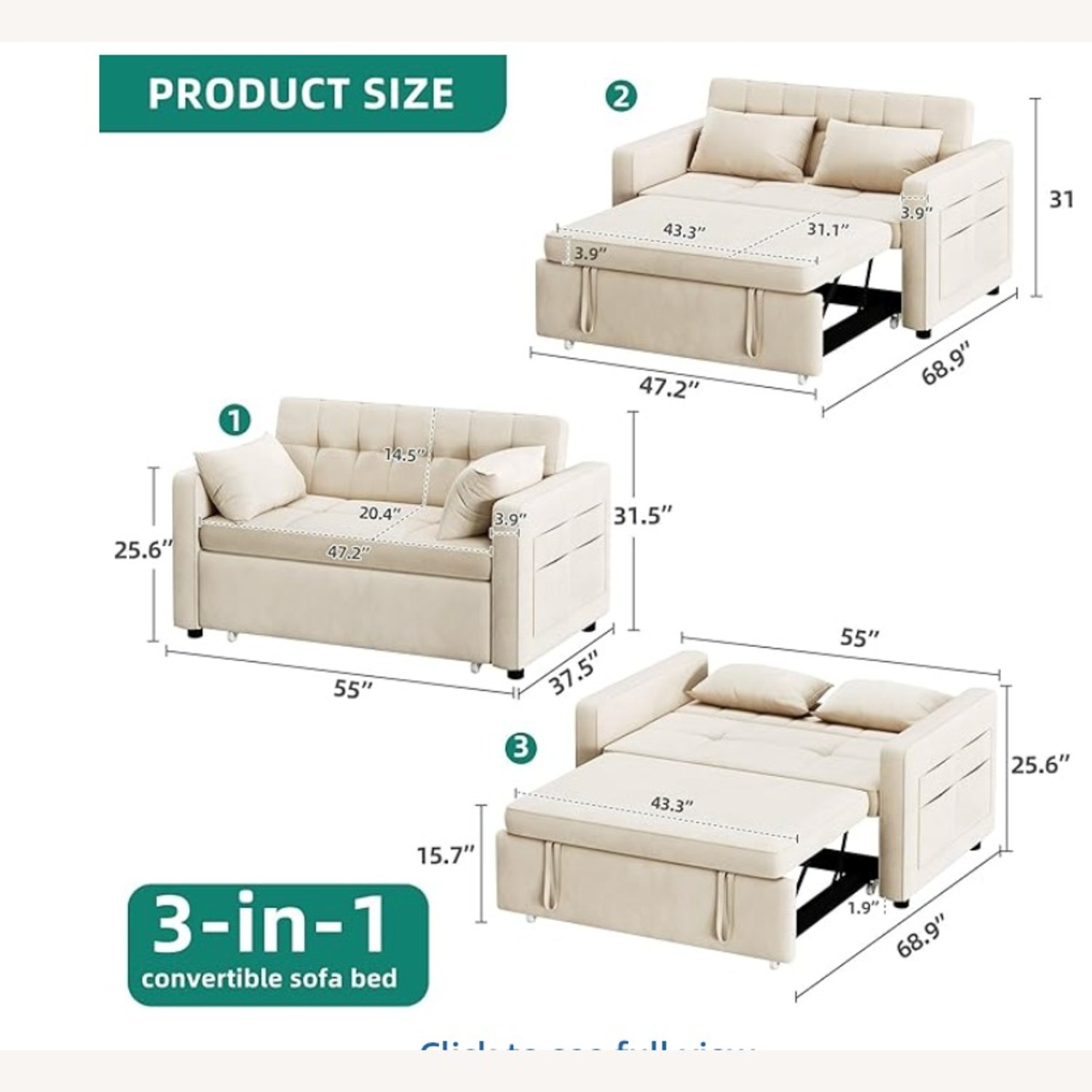 Natural Velvet Sleeper Sofa - image-6