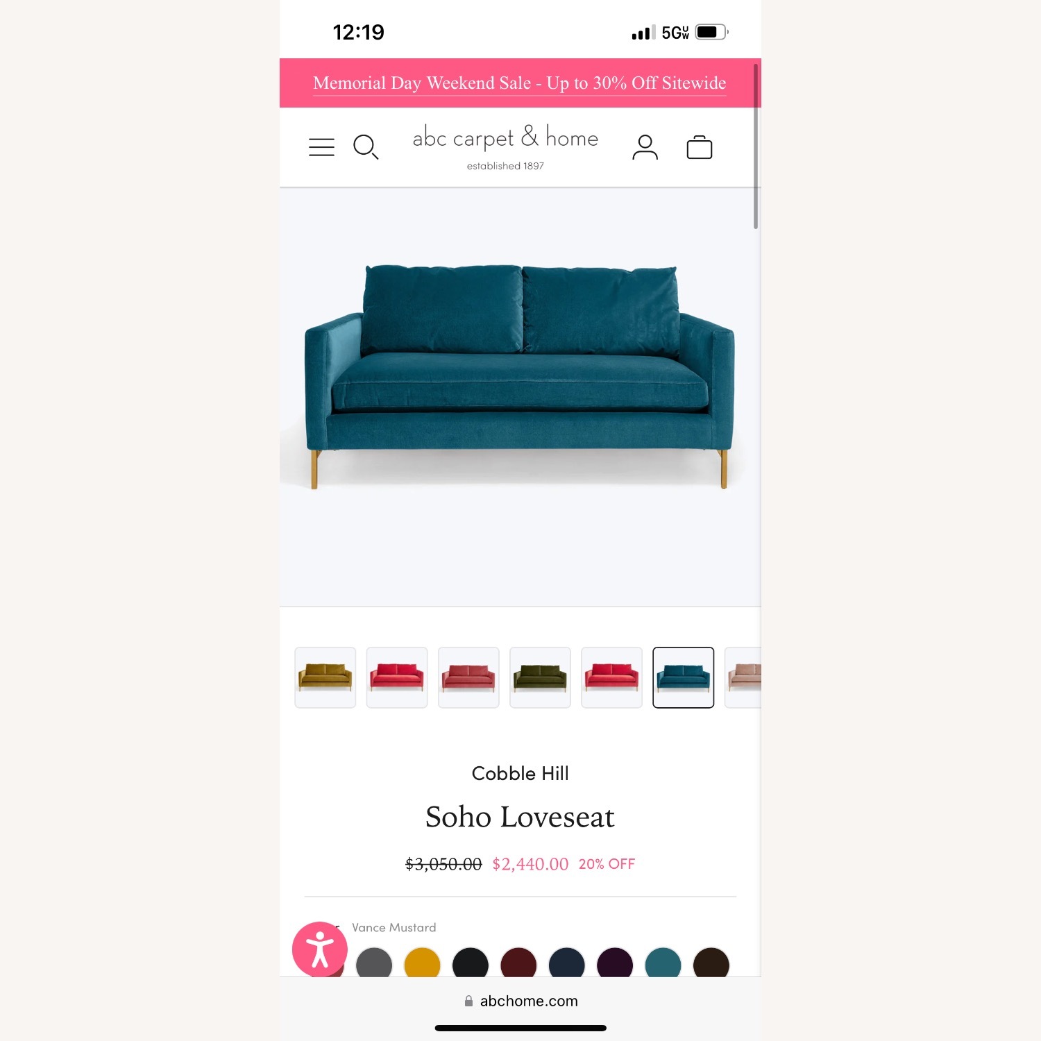 ABC Carpet and Home Blue Velvet Loveseat - image-4