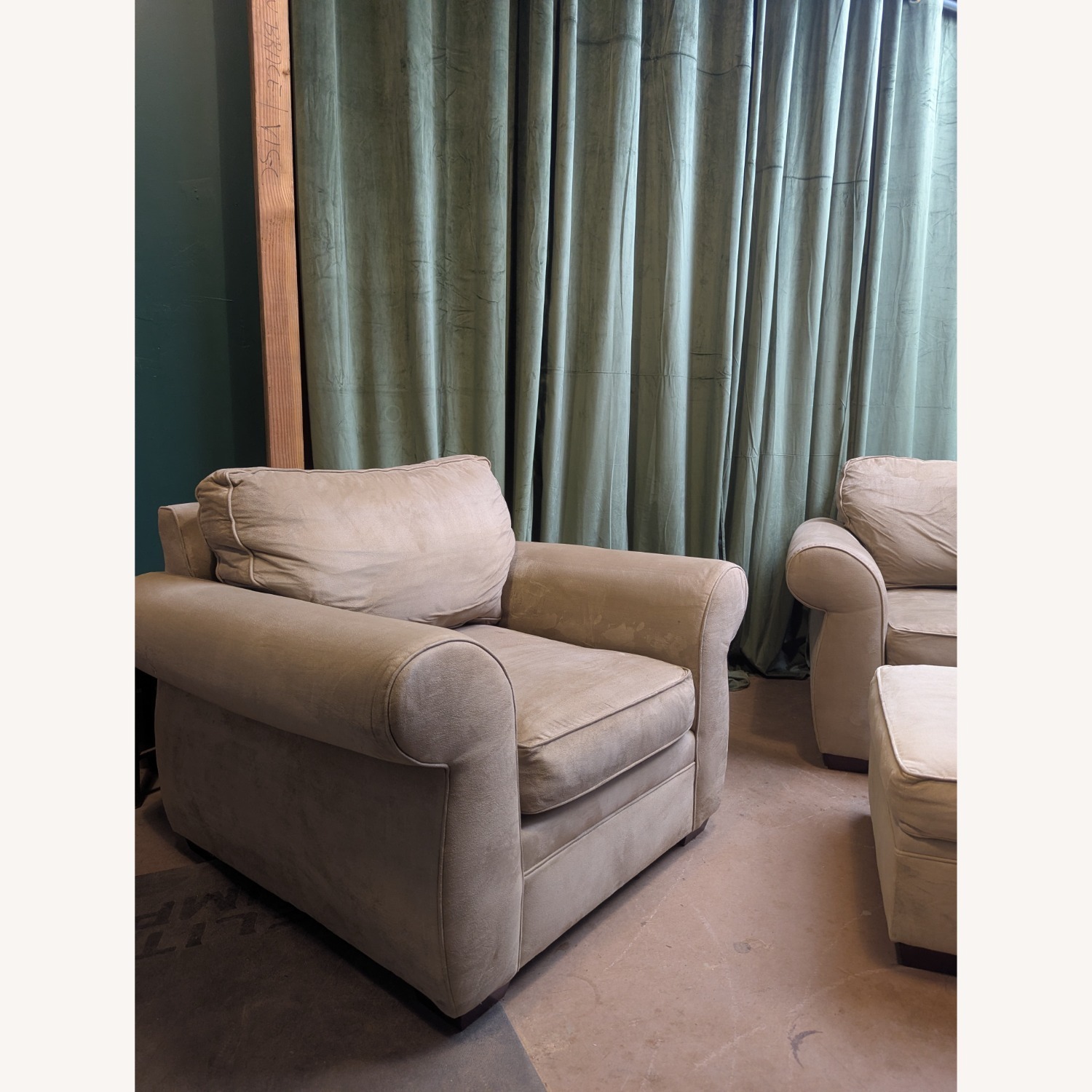 Pottery Barn Armchair Set + Ottoman in Suede - image-4
