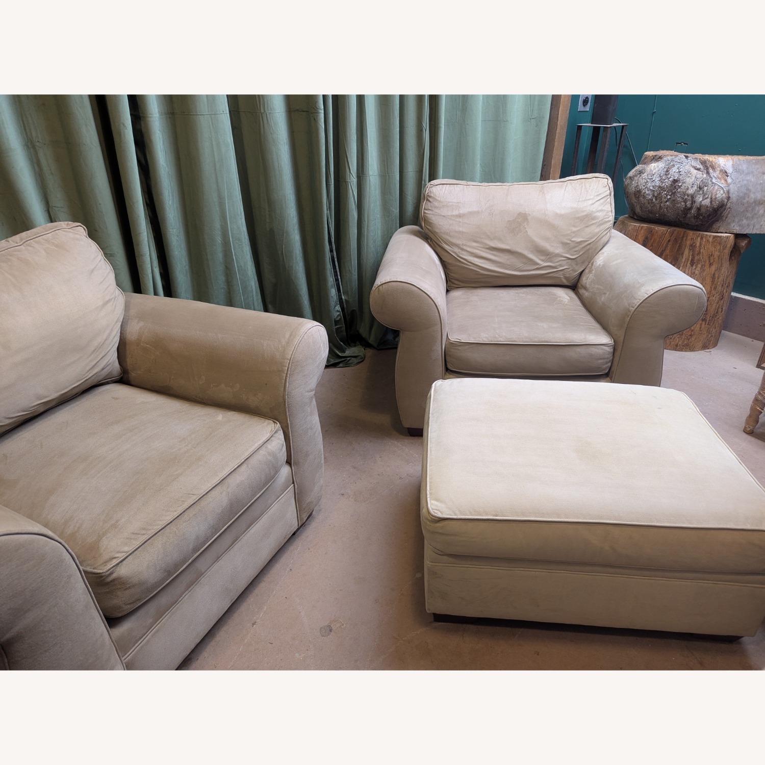 Pottery Barn Armchair Set + Ottoman in Suede - image-3