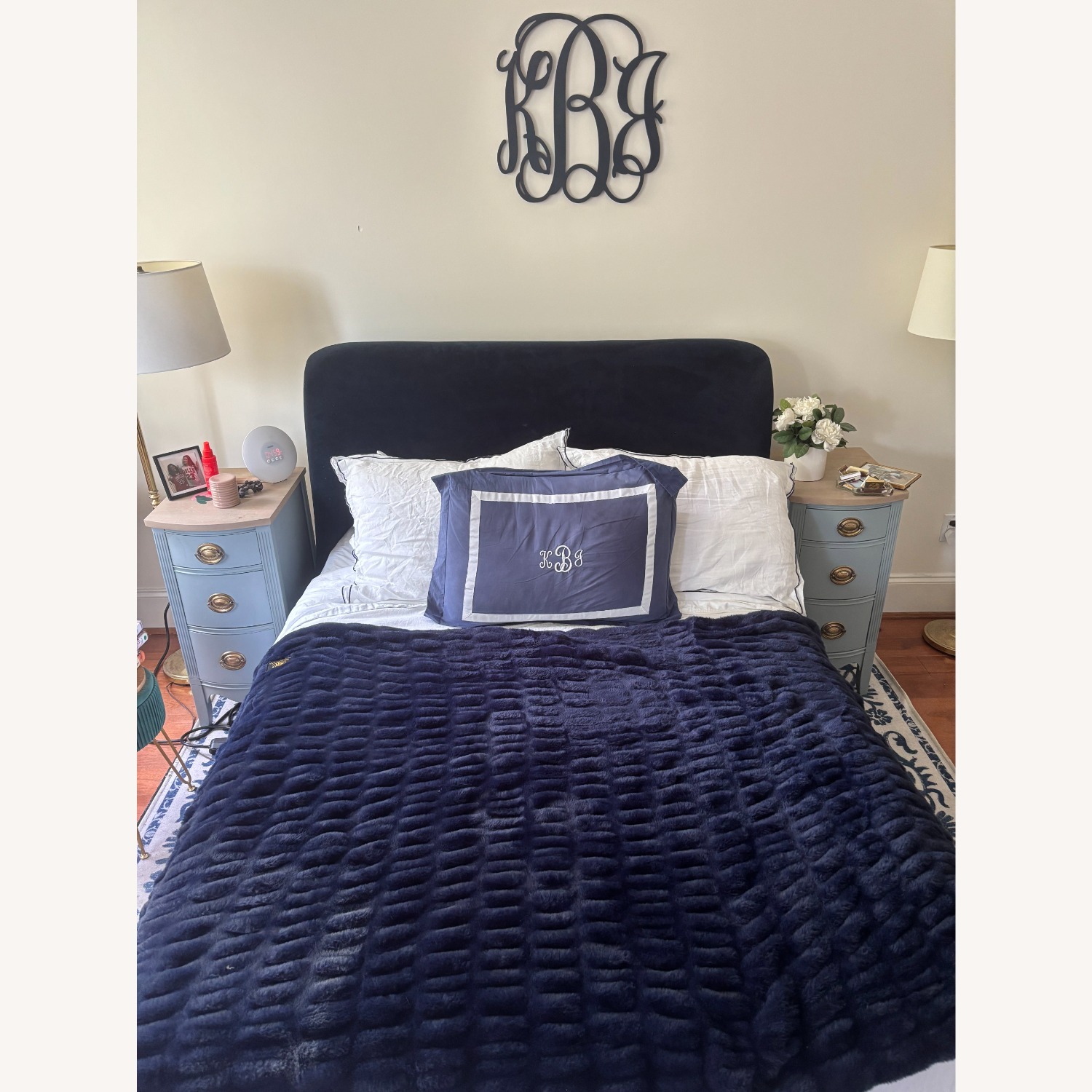 West Elm Blue Velvet Full Bedframe - image-1