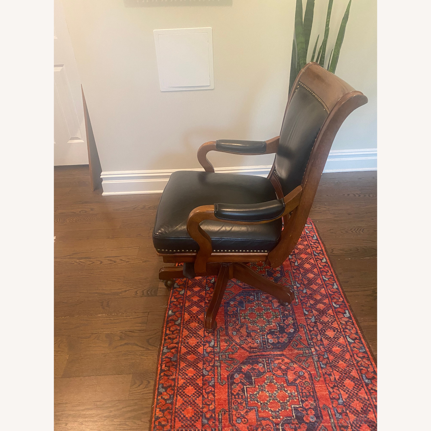 Elegant Vintage Wood Leather Swivel Office Chair - image-3